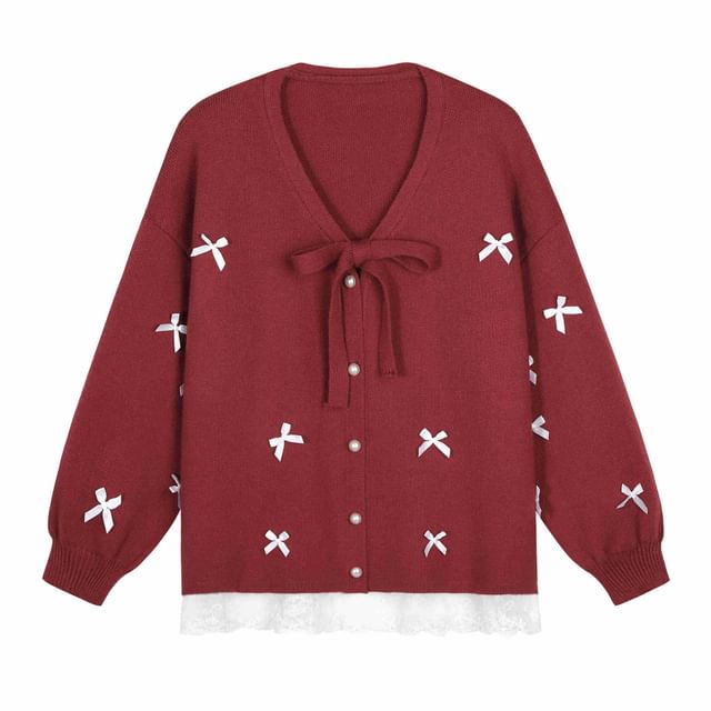 V-Neck Bow Panel Lace Faux Pearl Button Cardigan