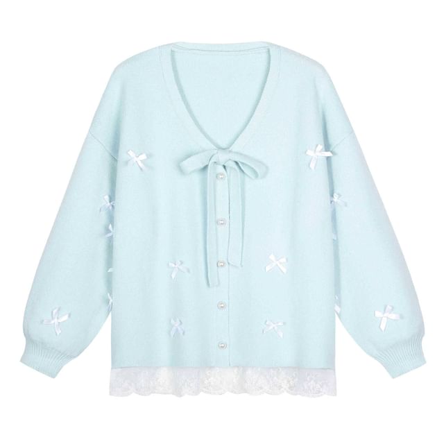 V-Neck Bow Panel Lace Faux Pearl Button Cardigan