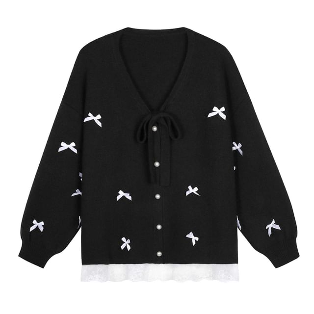 V-Neck Bow Panel Lace Faux Pearl Button Cardigan