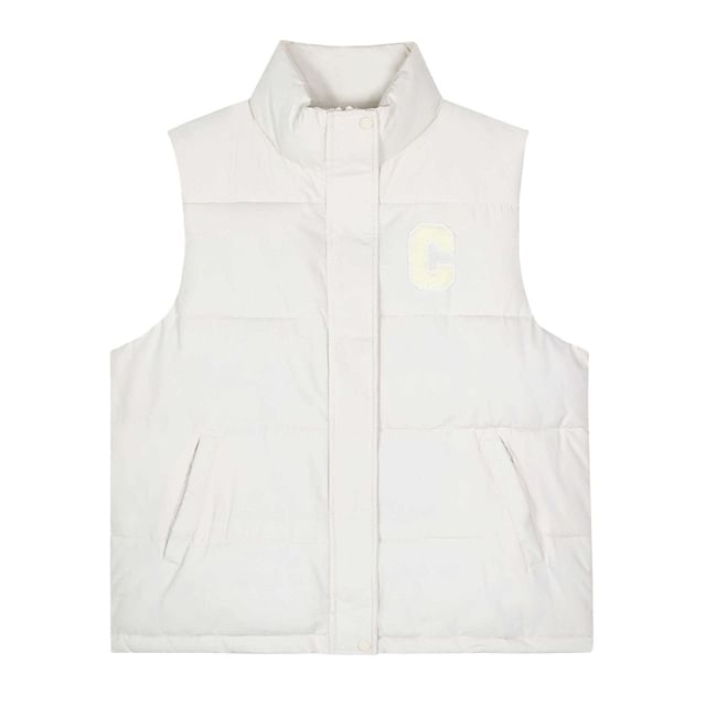 Stand Collar Lettering Applique Zip Puffer Vest