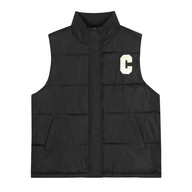 Stand Collar Lettering Applique Zip Puffer Vest