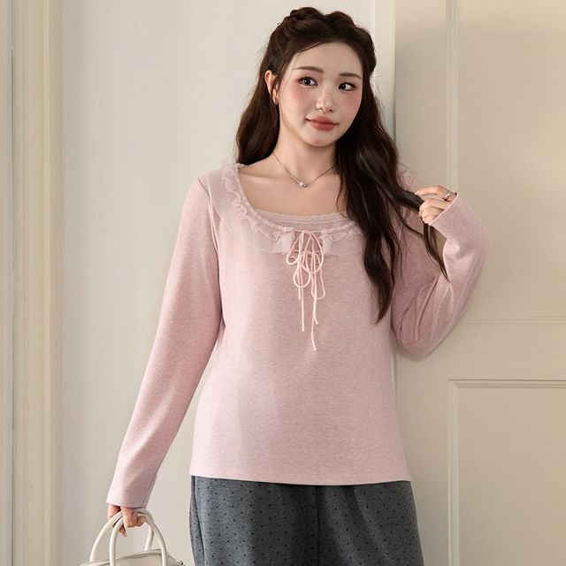 Mock Two-Piece Long-Sleeve Square Neck Lace Trim Tie Front Tee