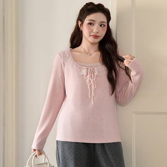 Mock Two-Piece Long-Sleeve Square Neck Lace Trim Tie Front Tee