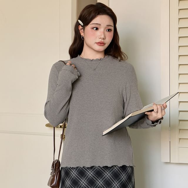 Long-Sleeve Mock Neck Plain Lettuce Edge Tee