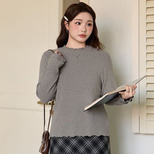 Long-Sleeve Mock Neck Plain Lettuce Edge Tee