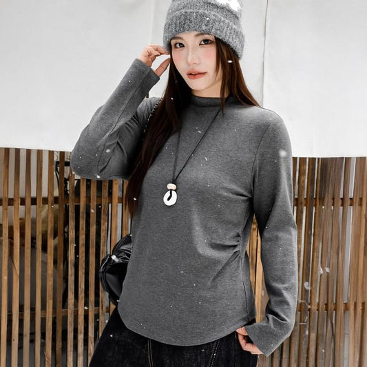 Long-Sleeve Mock Neck Glitter Ruched Tee