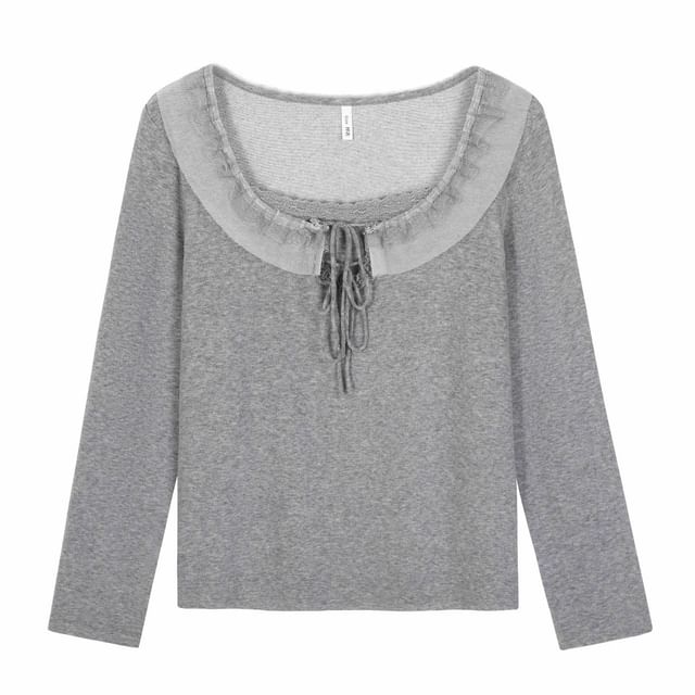 Mock Two-Piece Long-Sleeve Square Neck Lace Trim Tie Front Tee