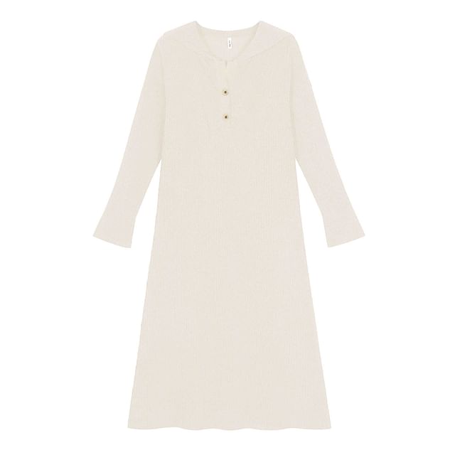 Long-Sleeve Sailor Collar Plain Ruched Midi Shift Knit Dress