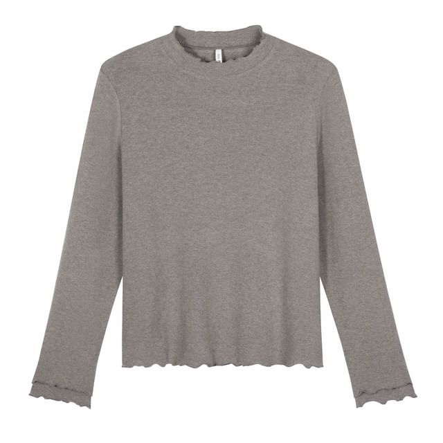 Long-Sleeve Mock Neck Plain Lettuce Edge Tee