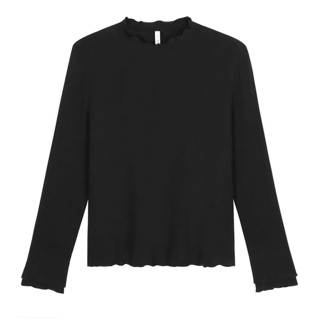 Long-Sleeve Mock Neck Plain Lettuce Edge Tee