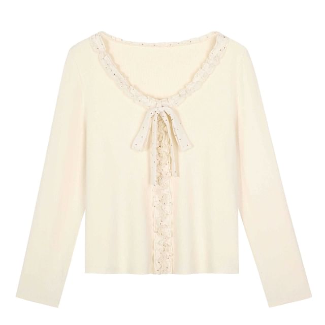 Long-Sleeve V-Neck Dotted Bow Accent Frill Trim Slim Fit T-Shirt