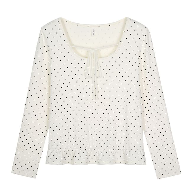 Long-Sleeve Scoop Neck Dotted Ruffle Hem Tie Front Tee