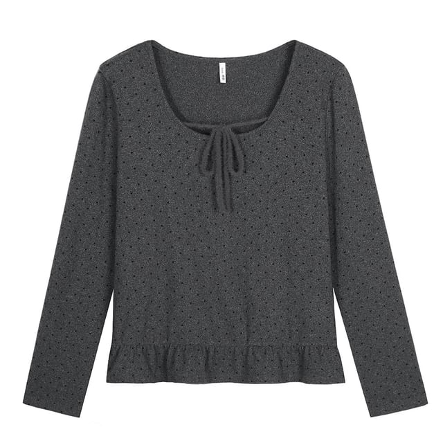 Long-Sleeve Scoop Neck Dotted Ruffle Hem Tie Front Tee