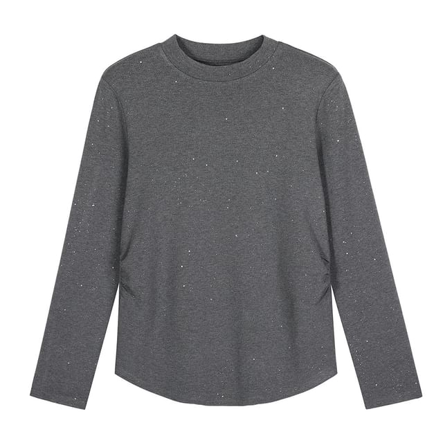 Long-Sleeve Mock Neck Glitter Ruched Tee