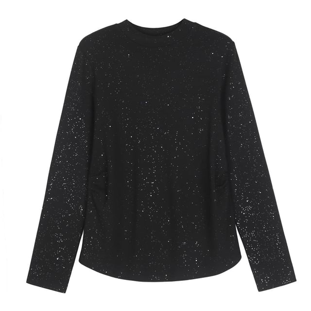 Long-Sleeve Mock Neck Glitter Ruched Tee