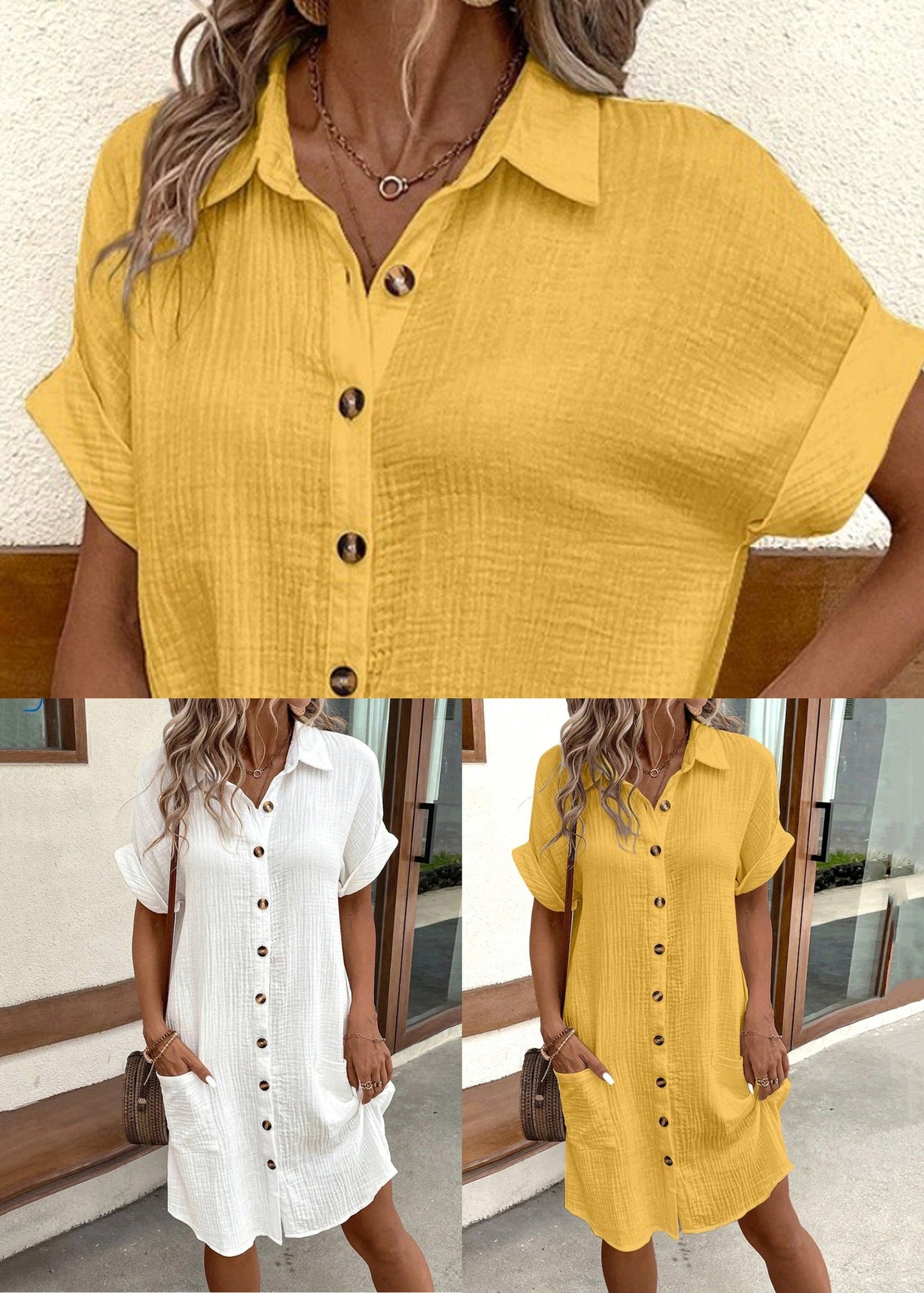 Yellow Button Solid Cotton Dress Peter Pan Collar Short Sleeve QE043