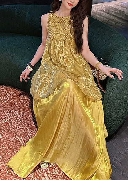 O Two Neck Silk Summer Patchwork Dress Yellow Pieces False