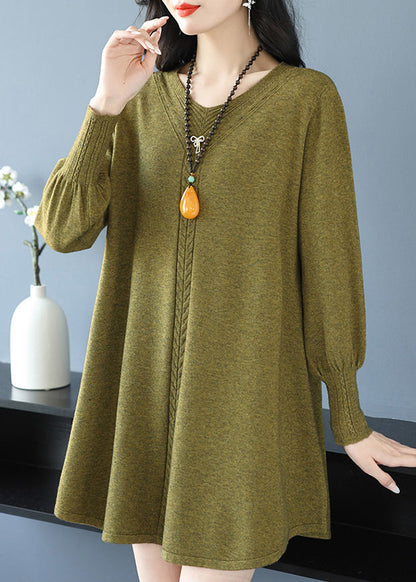 Gelbgrüner V-Ausschnitt-Strickpullover aus Baumwolle TE031