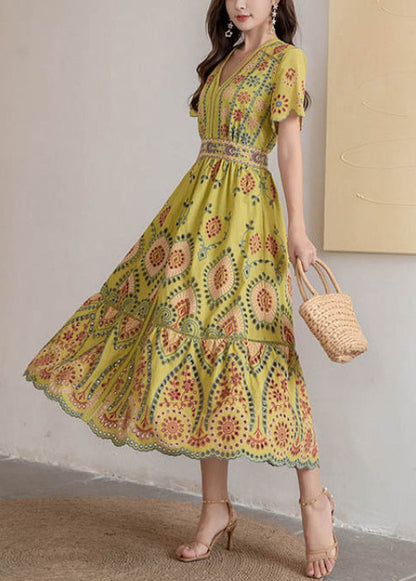 Kleid Hohl Hohe V-Ausschnitt Lange Gelbe Taille Sommer Baumwolle