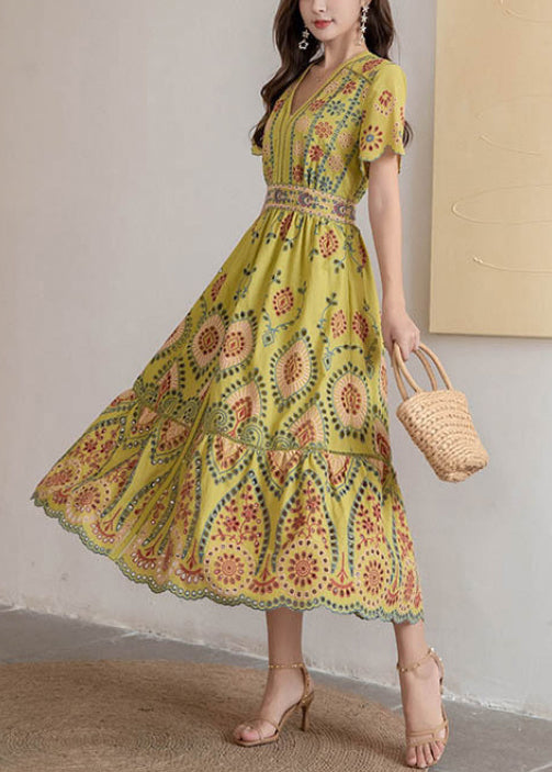 Kleid Hohl Hohe V-Ausschnitt Lange Gelbe Taille Sommer Baumwolle