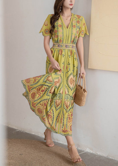 Kleid Hohl Hohe V-Ausschnitt Lange Gelbe Taille Sommer Baumwolle
