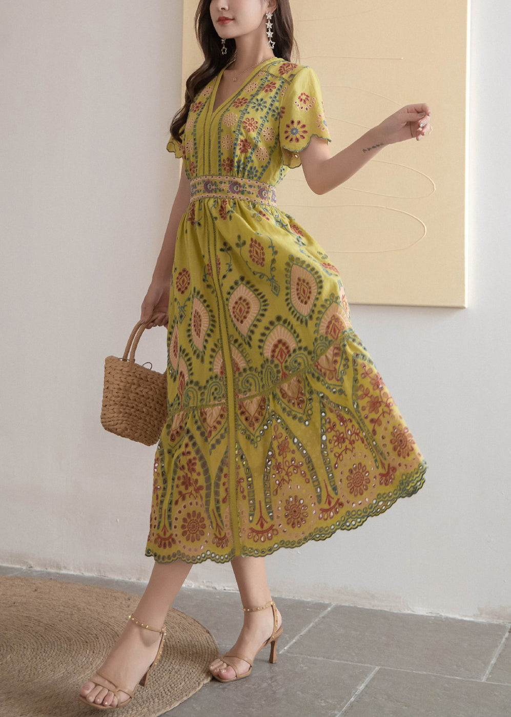 Kleid Hohl Hohe V-Ausschnitt Lange Gelbe Taille Sommer Baumwolle