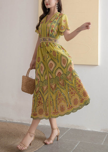 Kleid Hohl Hohe V-Ausschnitt Lange Gelbe Taille Sommer Baumwolle
