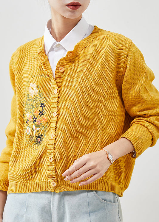 Yellow Knit Cardigans Embroidered Button Spring YU1042