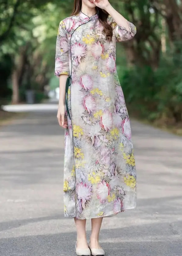 Yellow Lace Up Print Linen Dress Stand Collar Half Sleeve Ada Fashion