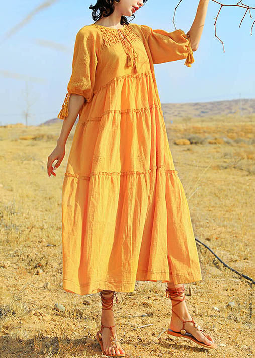 Sommer Baumwolle Up Kleid Spitze Gelb Solide Rüschen Lange