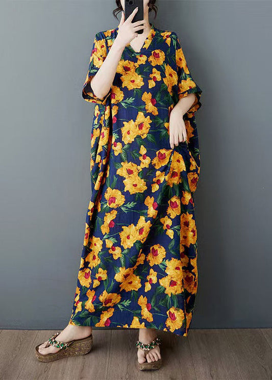 Übergroßes Kleid lang gelb Baumwolle Print Ärmel Fledermaus