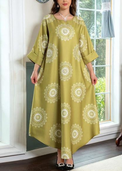 Robe longue en coton imprimé jaune à col rond et manches mi-longues AA1024