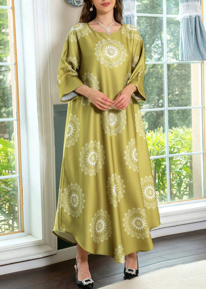 Robe longue en coton imprimé jaune à col rond et manches mi-longues AA1024