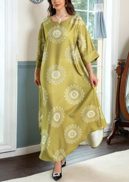 Robe longue en coton imprimé jaune à col rond et manches mi-longues AA1024