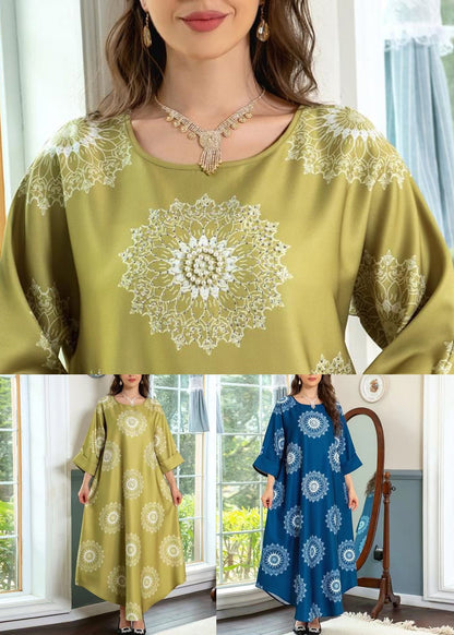 Robe longue en coton imprimé jaune à col rond et manches mi-longues AA1024