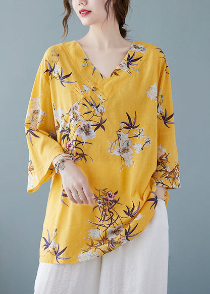 Chemises en coton à imprimé jaune, col en V, boutons chinois, été FF027