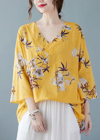 Chemises en coton à imprimé jaune, col en V, boutons chinois, été FF027