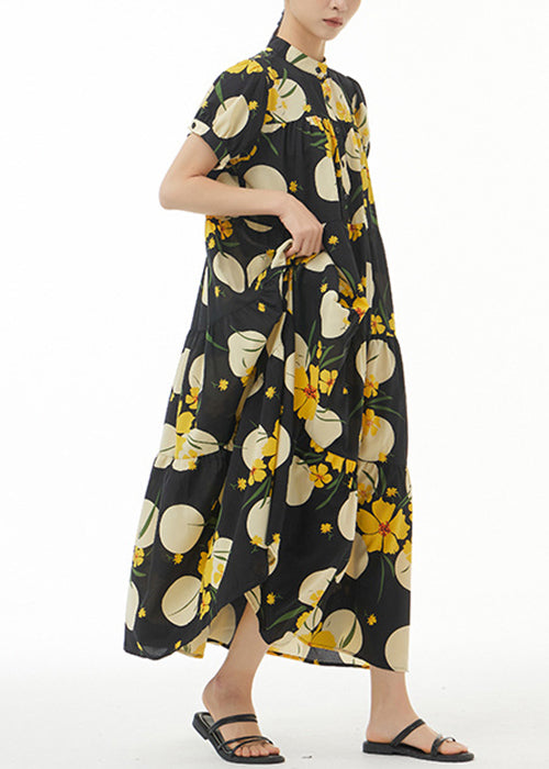 Gelbes Print-Baumwollkleid mit Stehkragen, Sommerkleid AA1044