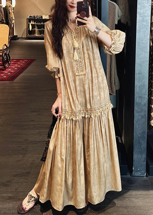 V Yellow Neck Silk Print Dress Half Sleeve Tasseled Long