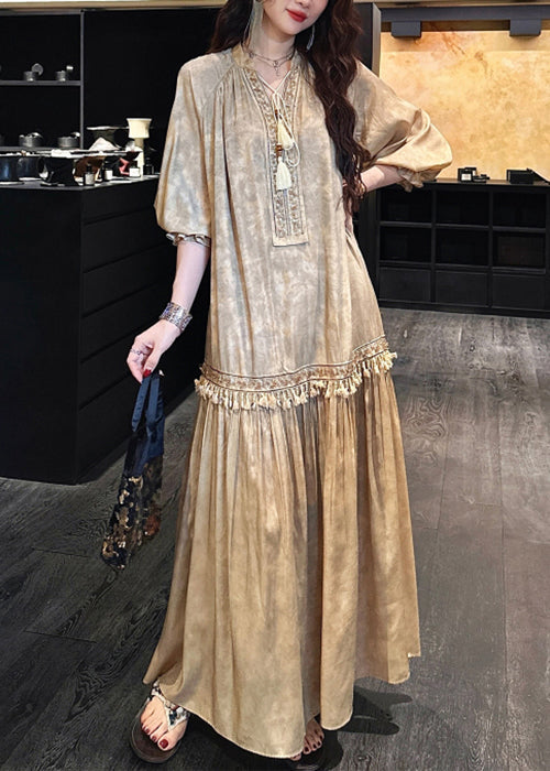 V Yellow Neck Silk Print Dress Half Sleeve Tasseled Long