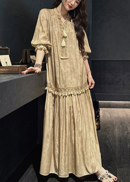 V Yellow Neck Silk Print Dress Half Sleeve Tasseled Long
