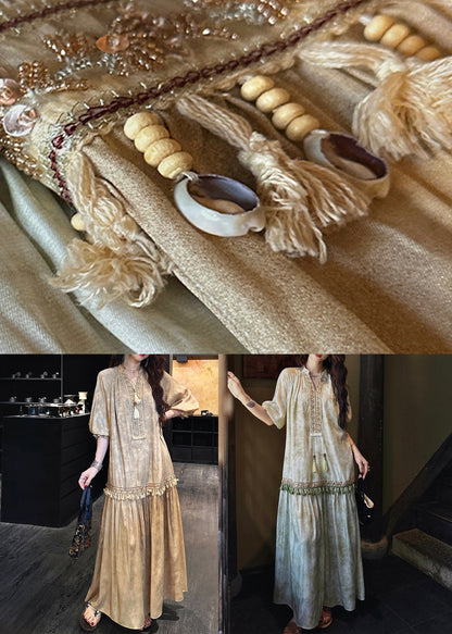 V Yellow Neck Silk Print Dress Half Sleeve Tasseled Long