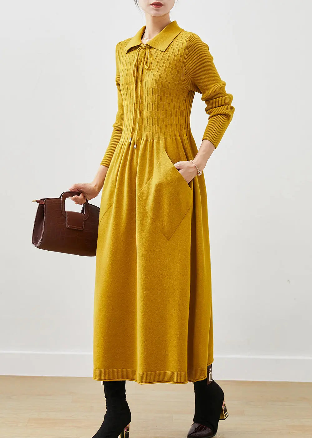 Yellow Silm Fit Knit Vacation Dresses Exra Large Hem Spring Ada Fashion