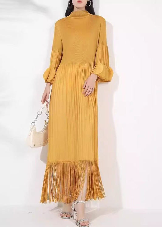 Long Tasseled Dress Turtleneck Petal Sleeve Cotton Yellow
