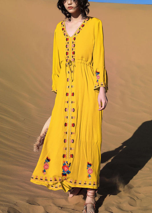 Taille Gelb Herbst Kleid Bestickte Krawatte Lange Baumwolle