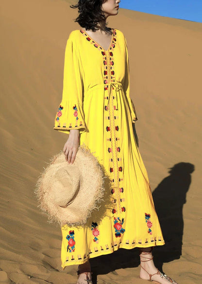 Taille Gelb Herbst Kleid Bestickte Krawatte Lange Baumwolle