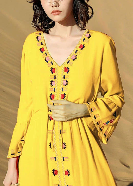 Taille Gelb Herbst Kleid Bestickte Krawatte Lange Baumwolle