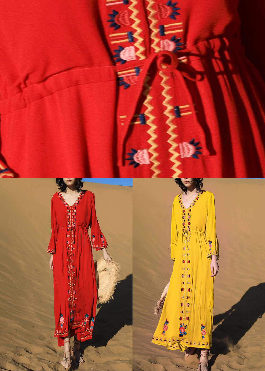 Taille Gelb Herbst Kleid Bestickte Krawatte Lange Baumwolle