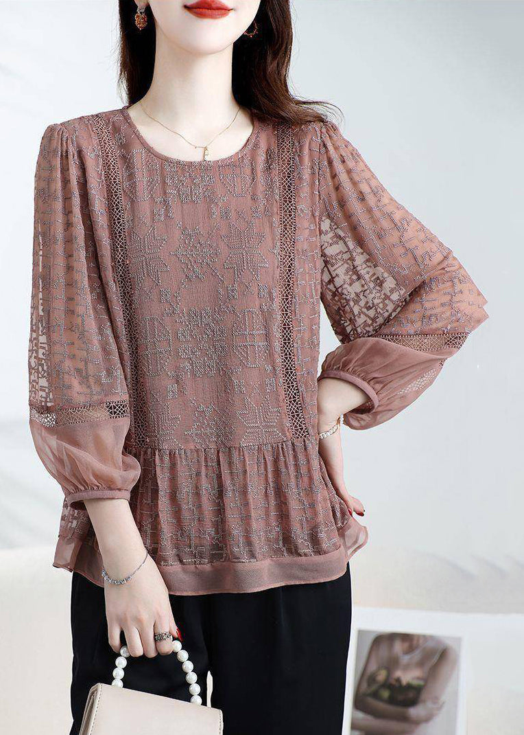 Loose Coffee O-Neck Embroidered Patchwork Silk Top Bracelet Sleeve WD025