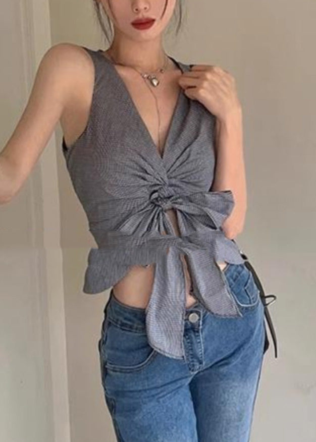 Sexy Grey V Neck Tie Waist Vest Summer AN1028